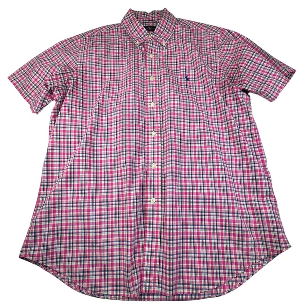 Ralph Lauren Shirt Men's Large Pink 100% Cotton Plaid Preppy Casual Button Down
